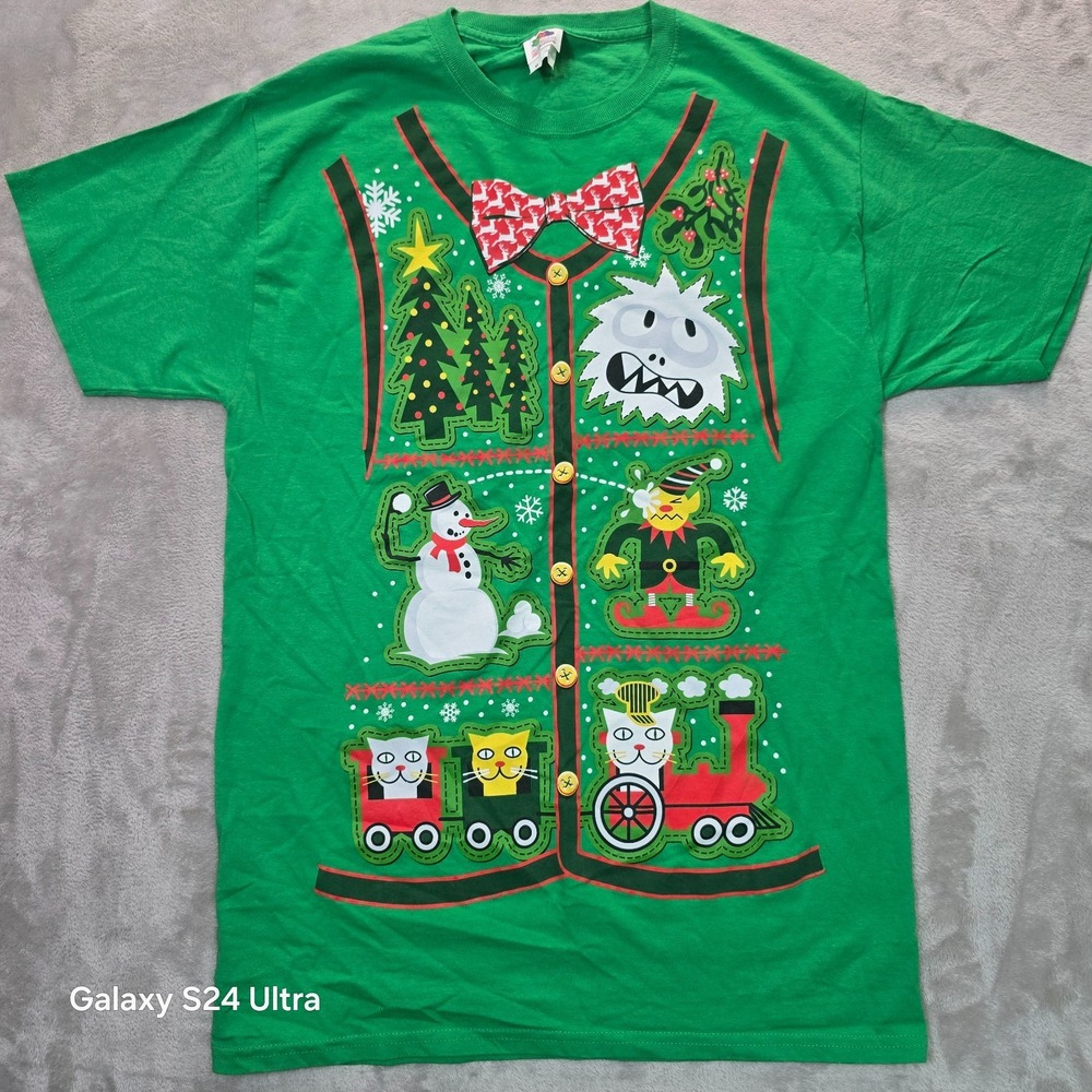 Fruit of the Loom Ugly Christmas T-Shirt Women Medium Green Graphic Short Sleeve